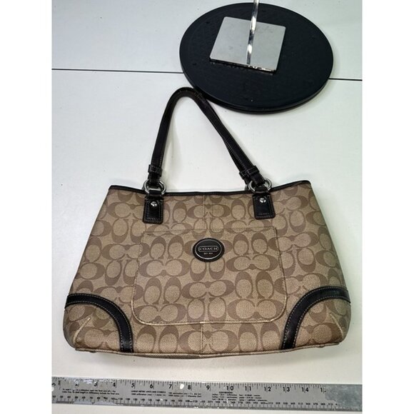 Coach Brown Peyton Signature Logo Heritage Handbag Leather Tote EUC - Picture 3 of 11